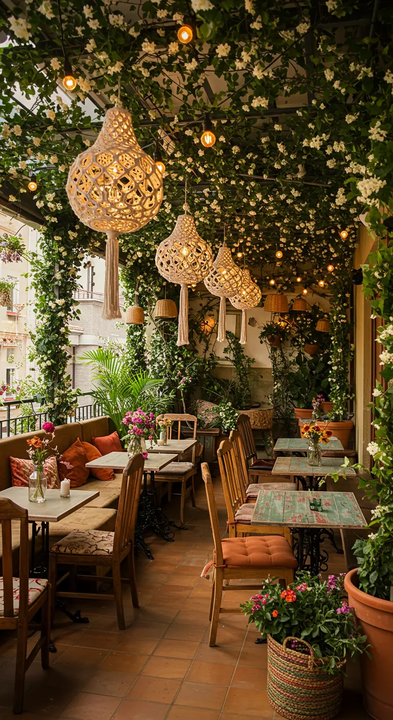 Terrasse couverte par une canopée fleurie avec de grandes suspensions lumineuses en macramé.