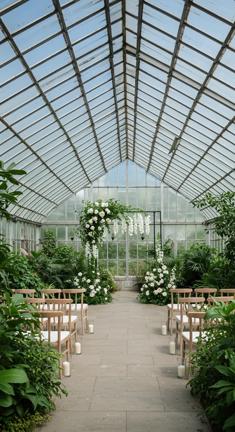 Arche de mariage noire dans une serre, entourée de plantes tropicales luxuriantes.