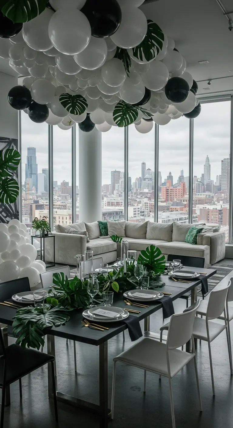 Salon moderne avec ballons au plafond et feuilles de monstera sur la table.