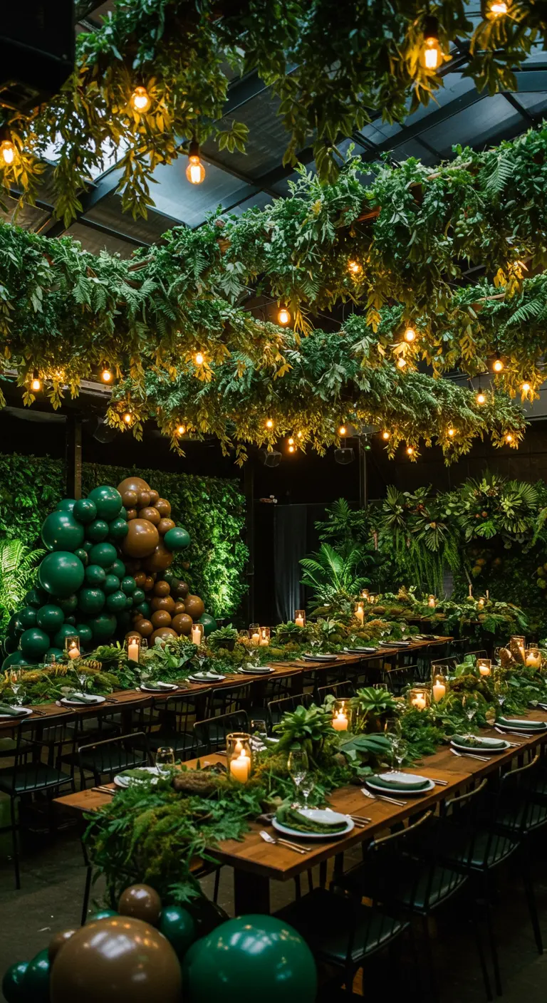 Salle de réception avec un plafond couvert de feuillage et de guirlandes lumineuses.