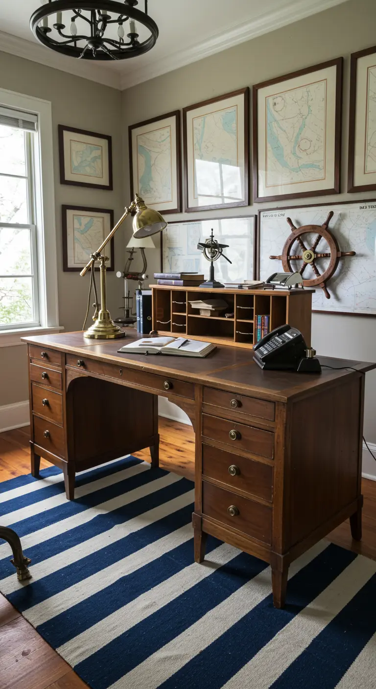 Bureau en bois de style marin avec un tapis à rayures bleues et blanches et des cartes nautiques.