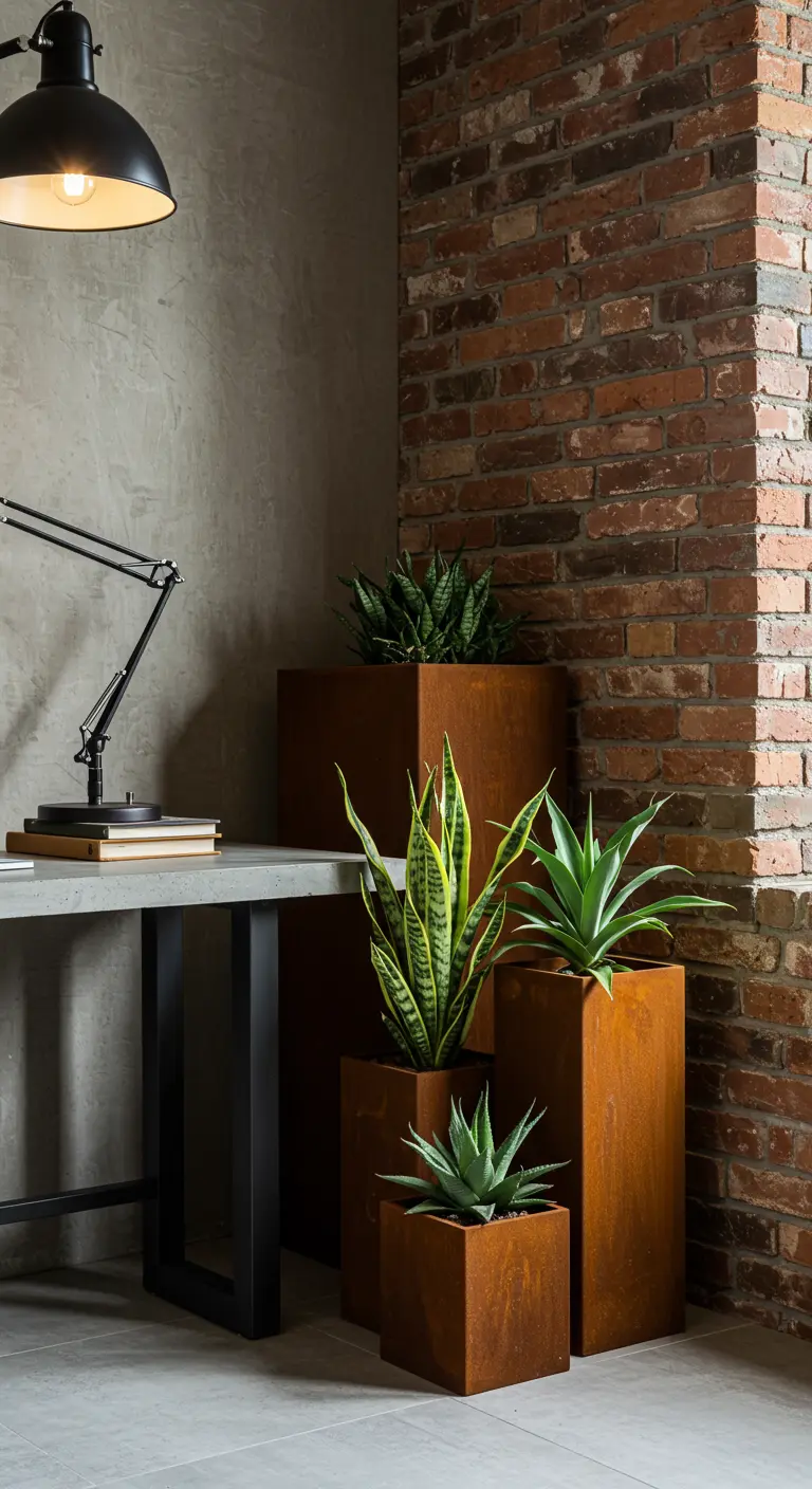 Succulentes dans des jardinières en métal rouillé de différentes hauteurs près d'un bureau et un mur de briques.