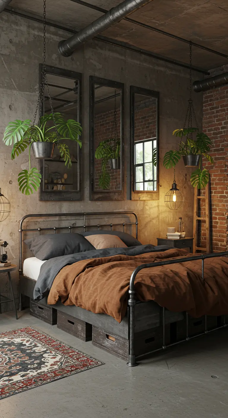 Chambre industrielle avec briques, béton, lit métal noir, trois grands miroirs et plantes en paniers.