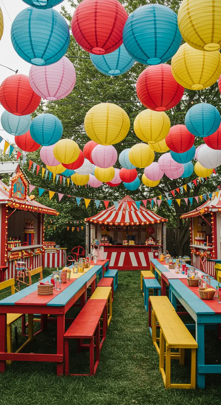 Fête de carnaval en plein air avec des lampions multicolores, fanions, tentes et tables peintes de couleurs vives.