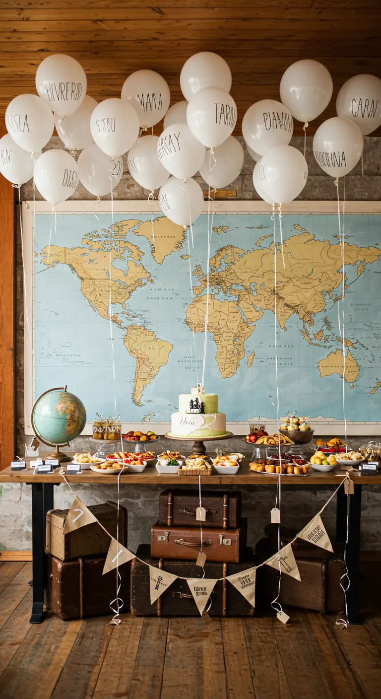 Ballons blancs avec des noms de villes écrits flottant au-dessus d'un buffet voyage.
