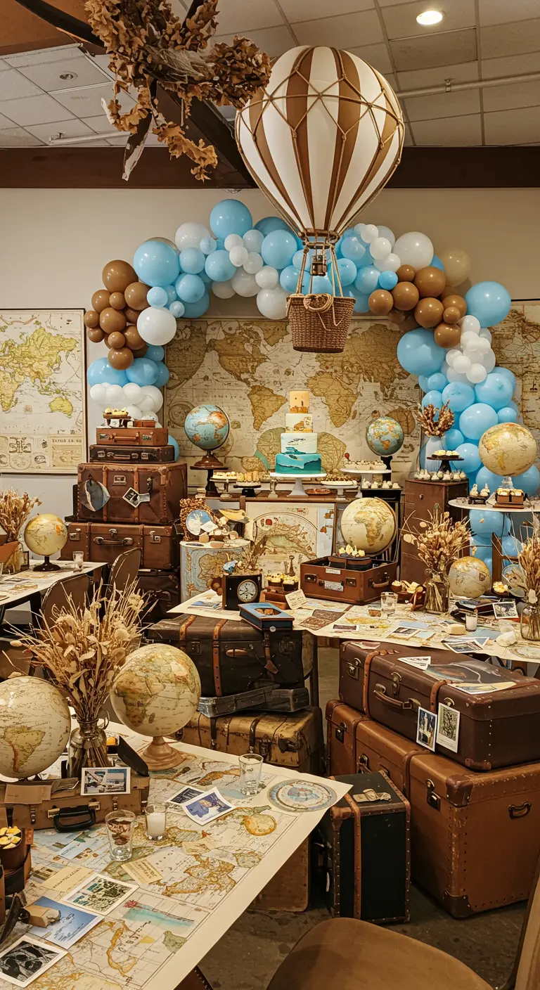 Décoration sur le thème du voyage avec cartes du monde, globes, montgolfière et valises anciennes.
