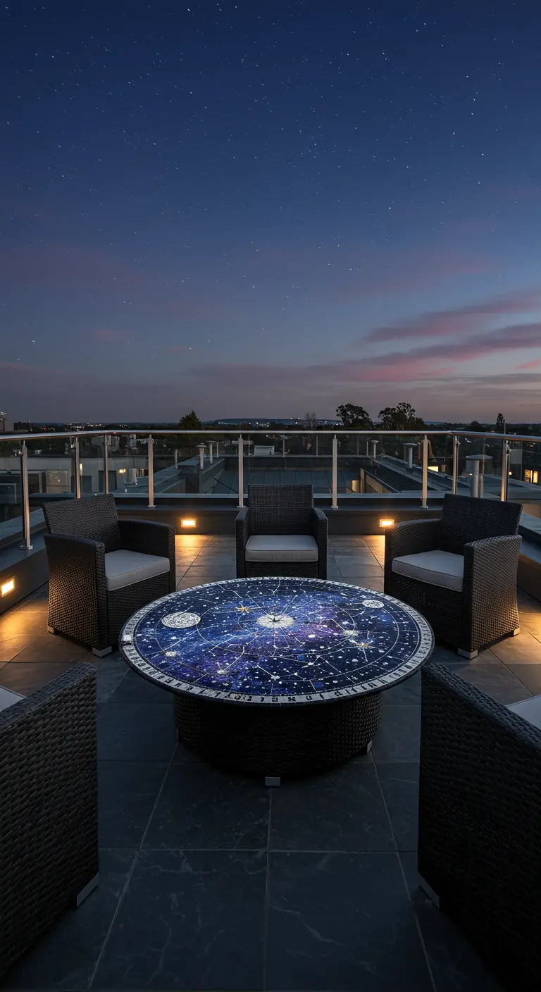 Table ronde en mosaïque de constellation sur un rooftop la nuit.