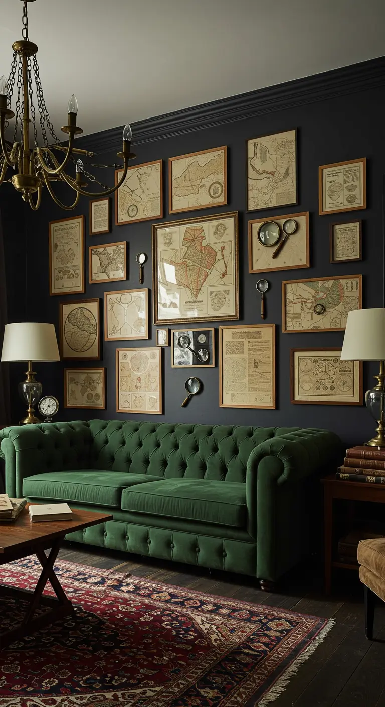 Mur noir tapissé de cadres en bois avec des cartes anciennes et des loupes, au-dessus d'un canapé vert chesterfield.