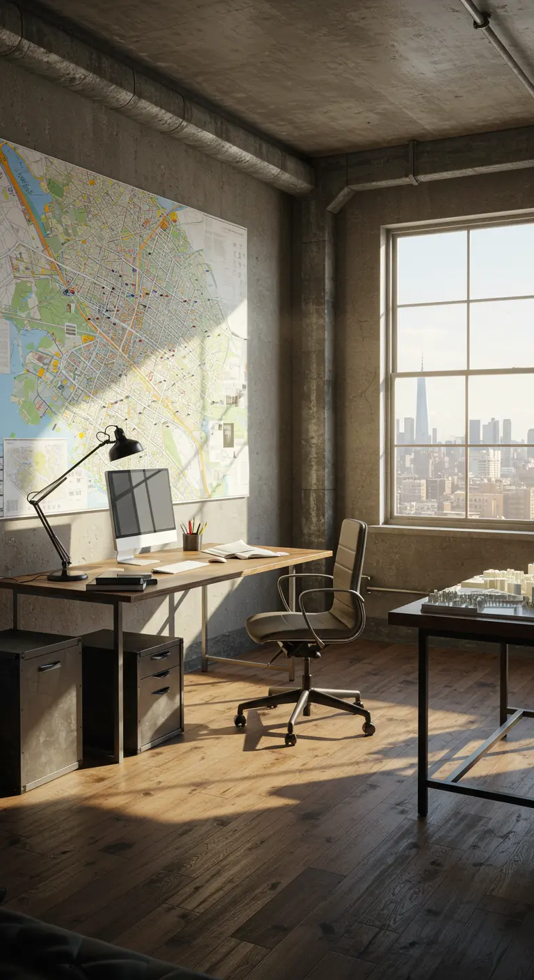 Bureau d'architecte dans un loft avec une immense carte murale.