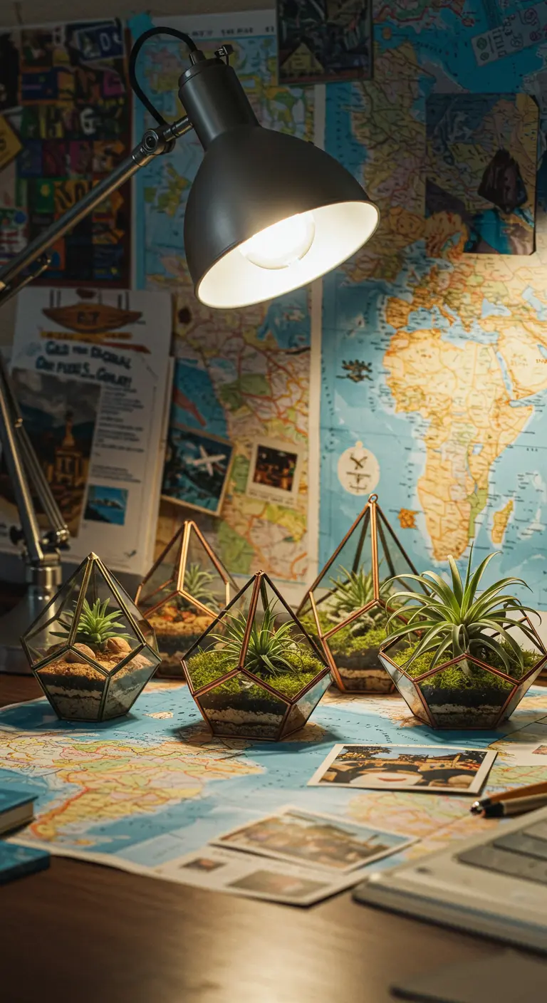 Plusieurs terrariums géométriques avec plantes sur une grande carte du monde recouvrant un bureau.