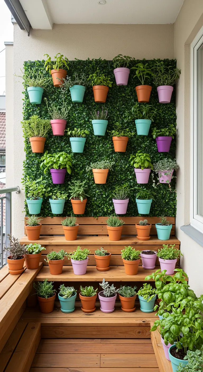 Mur végétal sur un balcon avec des dizaines de pots colorés contenant des herbes.