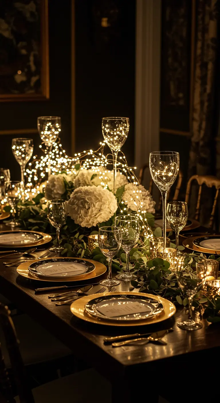 Table de dîner élégante illuminée par des guirlandes lumineuses enroulées autour des verres.