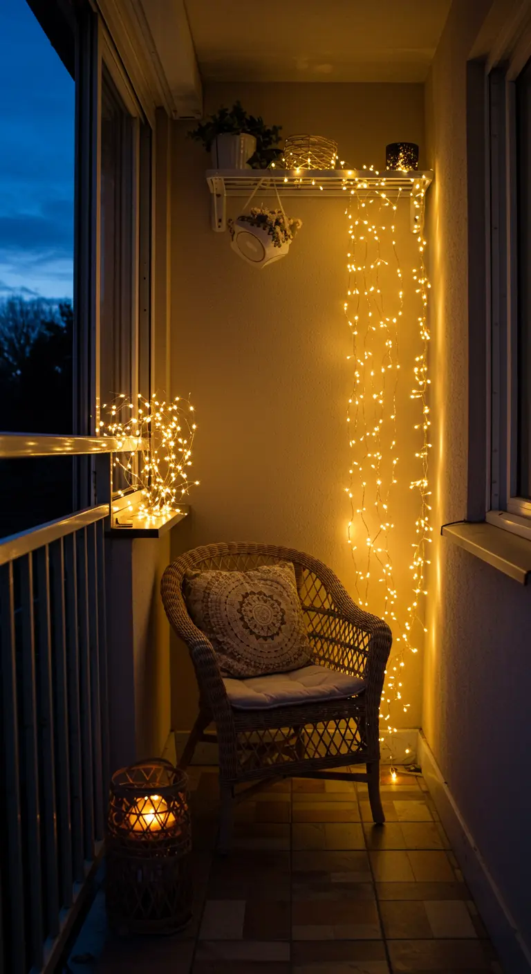 Rideau de guirlandes lumineuses tombant en cascade le long d'un mur de balcon.