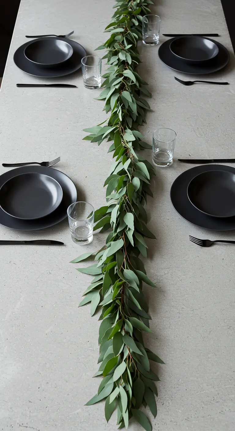 Vue de dessus d'une table grise avec des assiettes noires et un long chemin de table en eucalyptus.