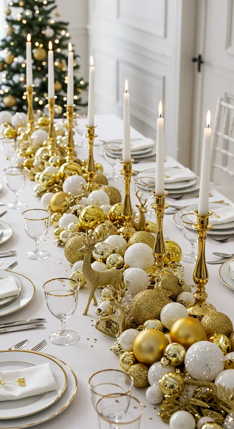 Chemin de table spectaculaire fait d'un amas de boules de Noël blanches et dorées.