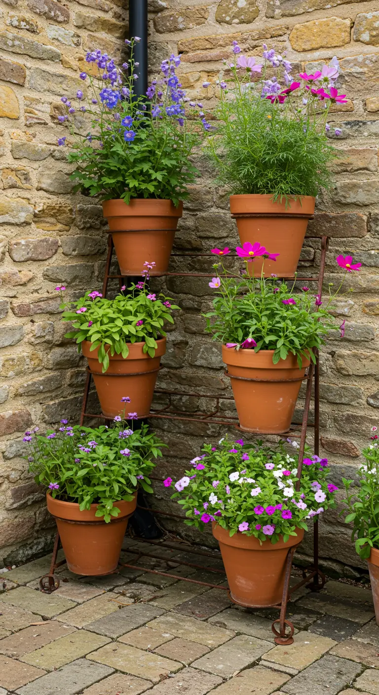 Étagère à plantes en métal avec des pots en terre cuite de fleurs roses et violettes.