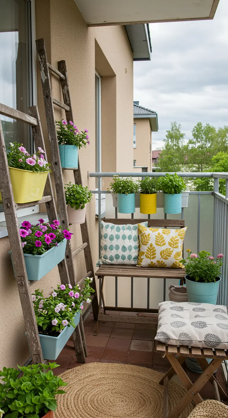 Balcon avec des échelles en bois supportant des jardinières et des pots de fleurs colorés.