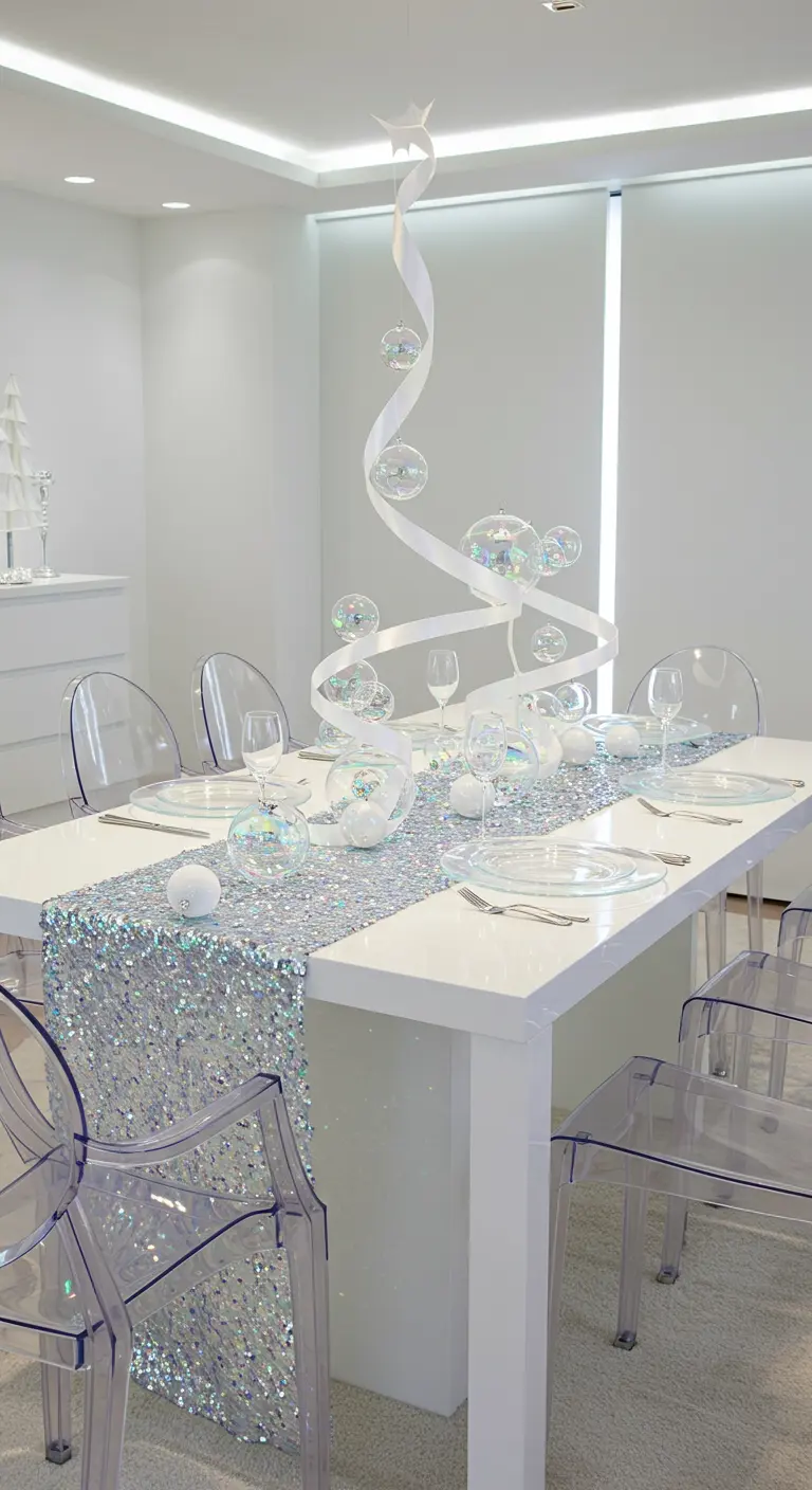 Décor de table blanc et argent avec un chemin de table à sequins holographiques.
