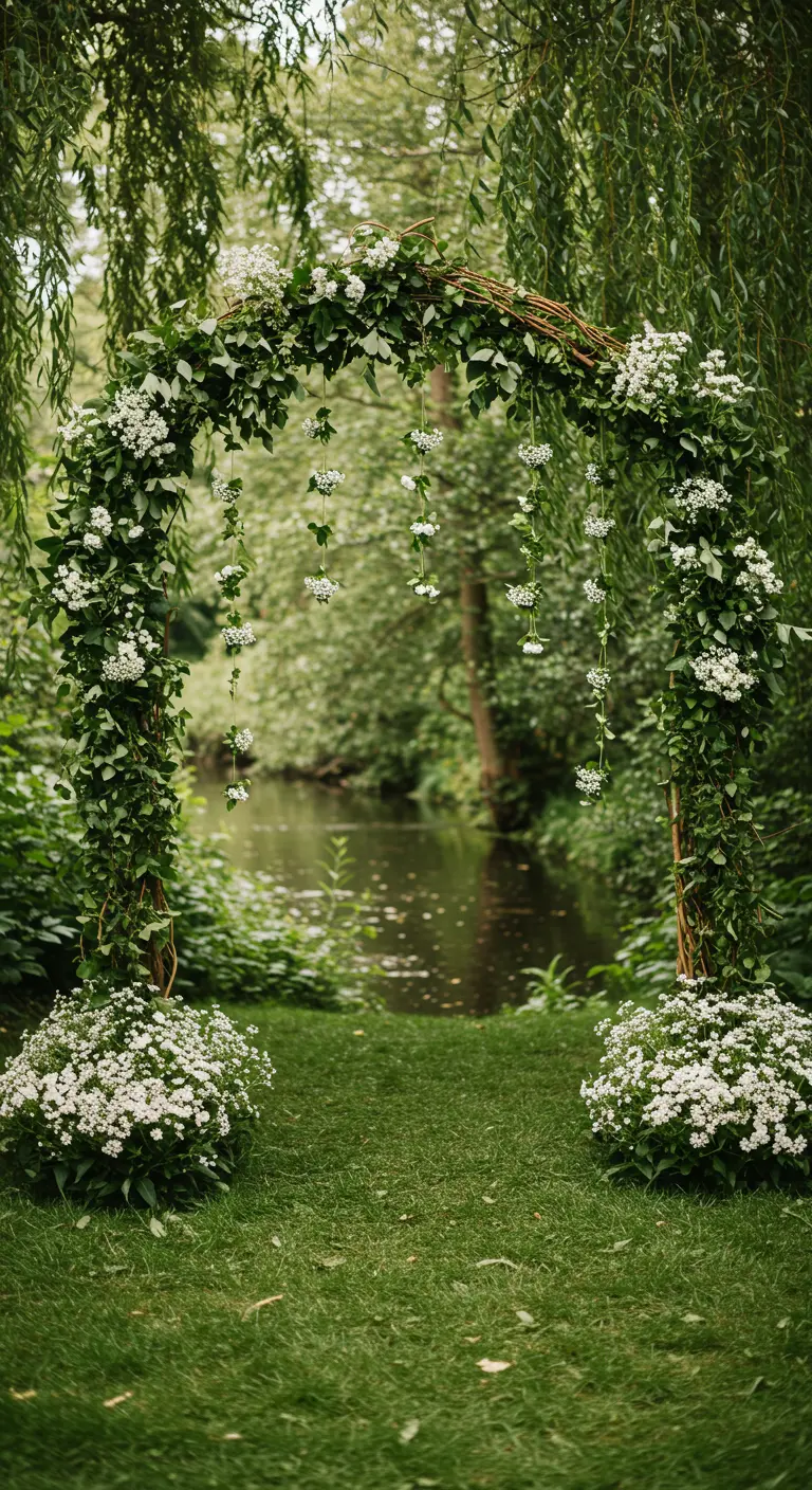 Arche recouverte de lierre avec des bouquets de gypsophile suspendus près d'une rivière.