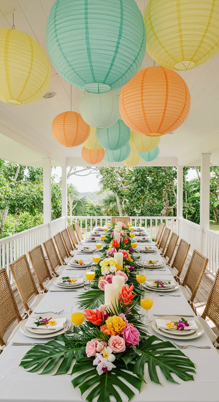 Longue table de fête sous une véranda, décorée de lampions pastel suspendus.