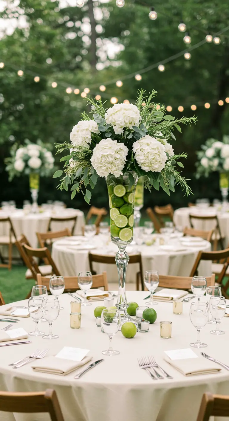 Haut vase transparent rempli de limes avec un bouquet d'hortensias blancs.