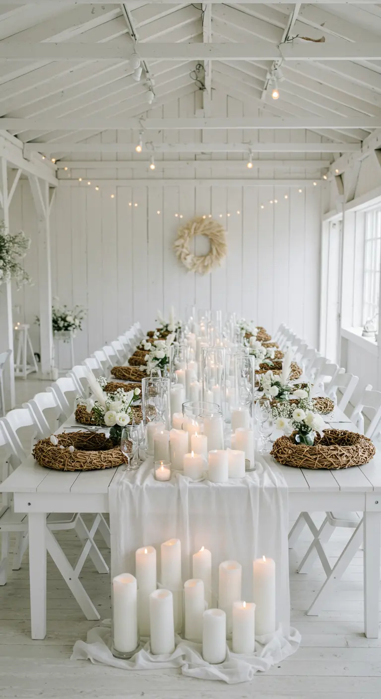 Table de mariage blanche avec de nombreuses bougies piliers et des couronnes en osier