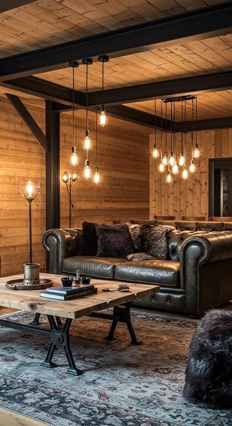 Salon avec canapé en cuir Chesterfield, éclairage industriel et murs en bois.