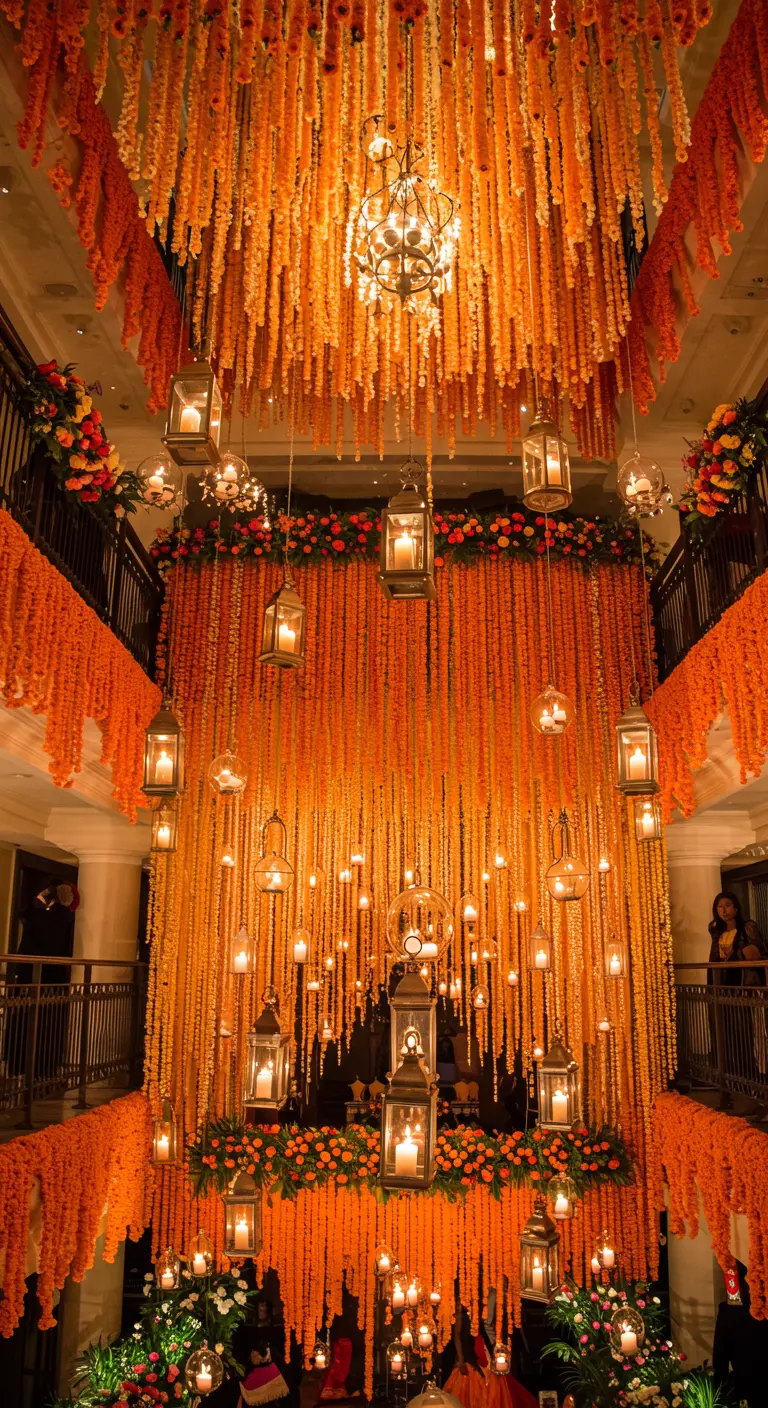 Grand hall décoré de cascades de guirlandes de fleurs orange et de lanternes.