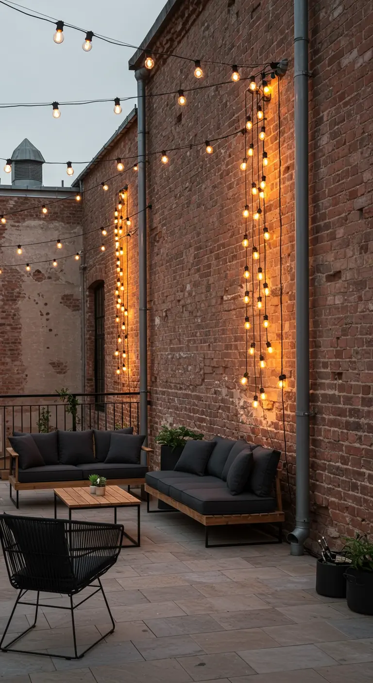 Terrasse industrielle avec des guirlandes lumineuses tombant en cascade sur un mur de briques.