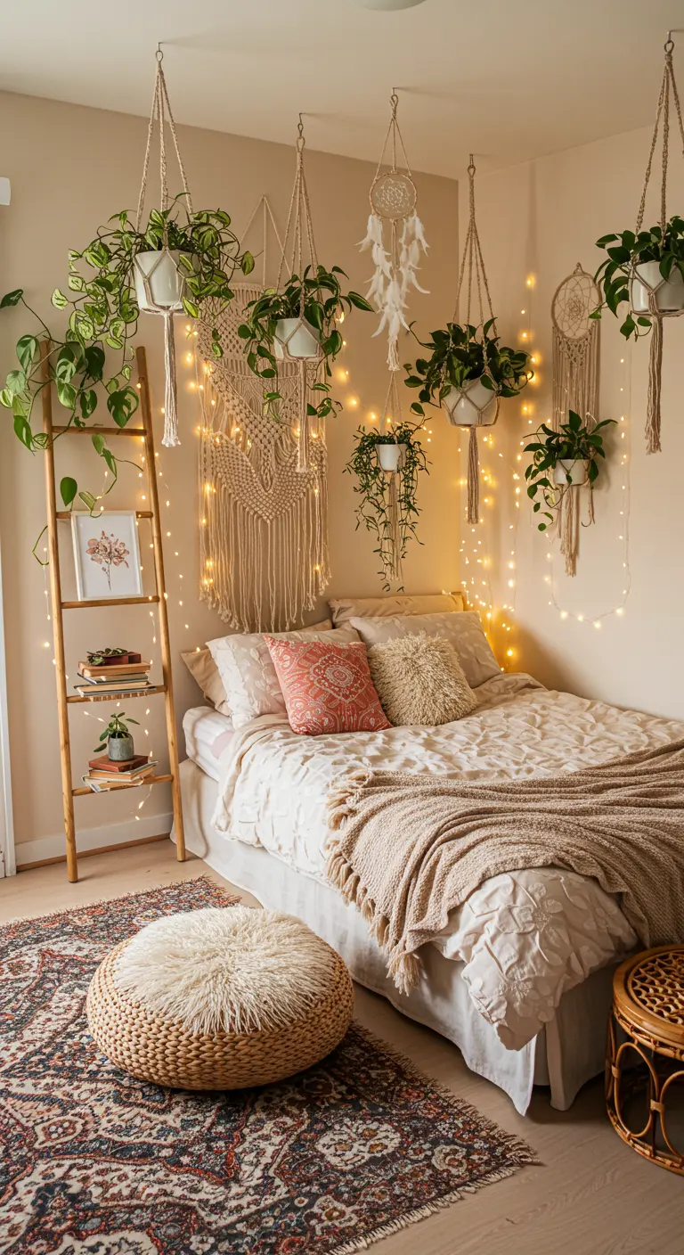 Chambre bohème avec de nombreuses plantes suspendues, attrape-rêves et guirlandes lumineuses.