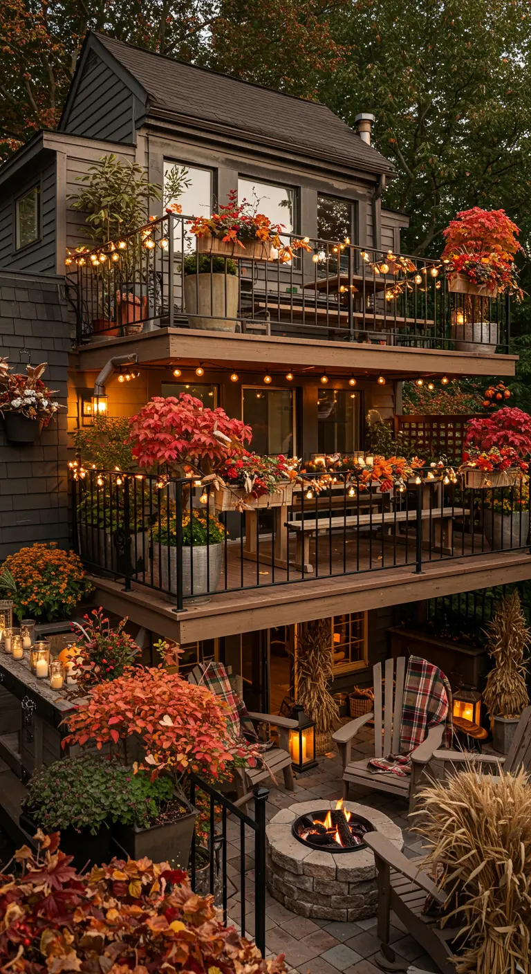 Maison avec plusieurs balcons décorés de guirlandes lumineuses, plantes automnales, citrouilles et brasero.