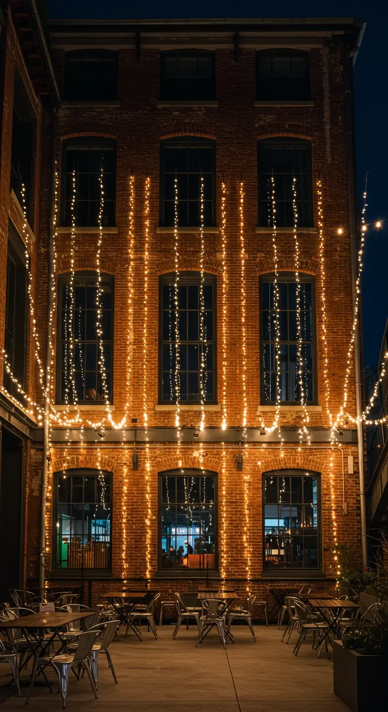 Façade en briques industrielles ornée de guirlandes lumineuses descendant en cascades verticales.