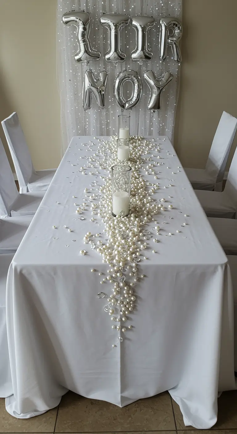 Table blanche avec un chemin de perles et des bougies pour une fête.