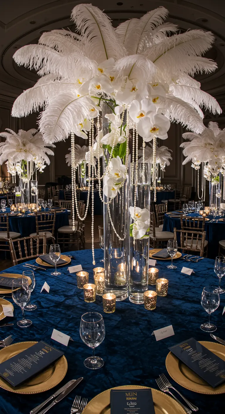 Centre de table avec plumes, orchidées et colliers de perles.