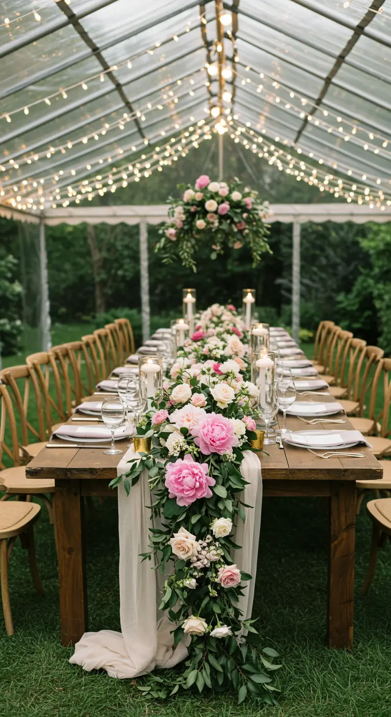 Table de mariage sous tente avec guirlandes et chemin de pivoines.