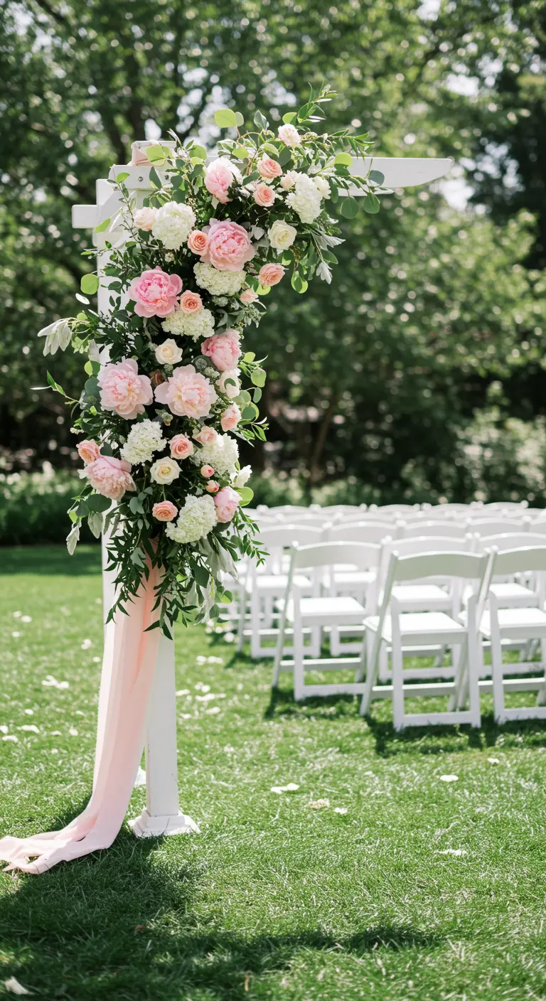 Coin d'arche blanche avec pivoines roses et un long ruban de soie.