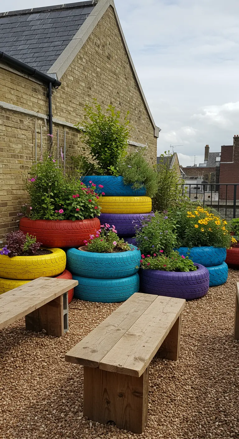 Jardinieres colorées faites de pneus recyclés et empilés