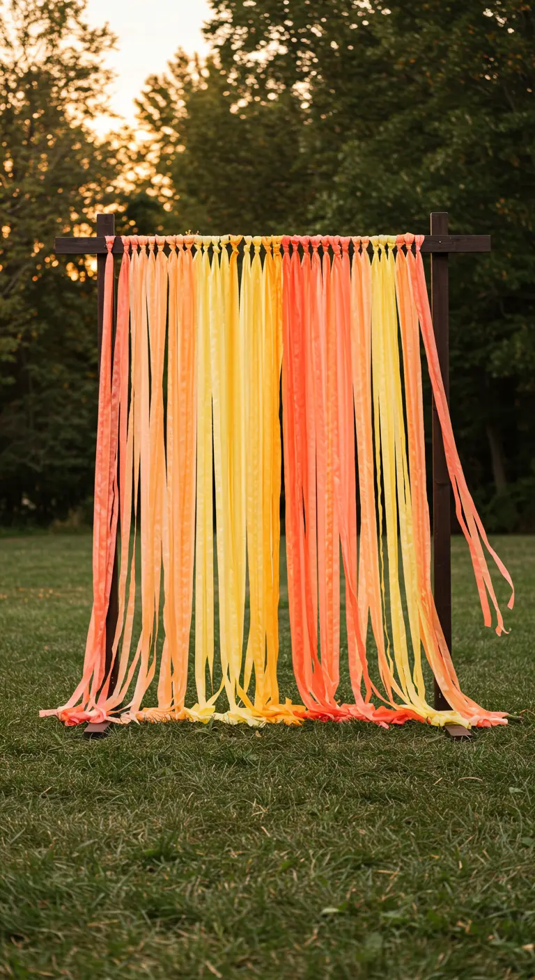 Toile de fond simple avec des rubans de tissu orange et jaune flottants sur l'herbe.