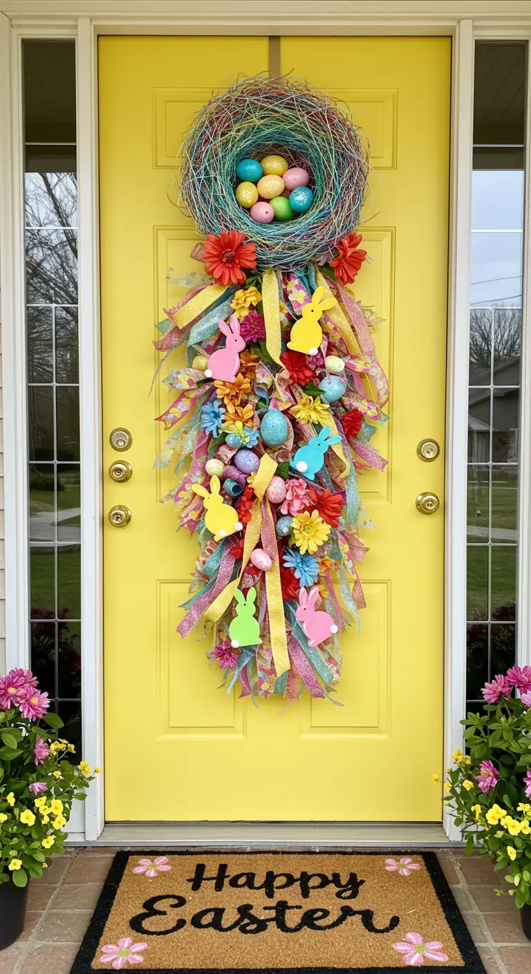 Longue décoration de Pâques colorée avec rubans et lapins sur porte jaune.