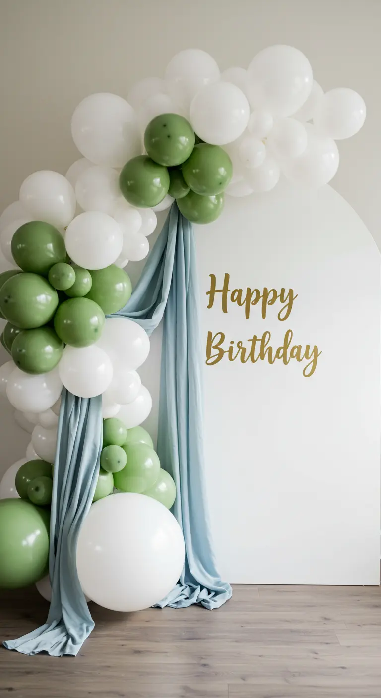 Arche de ballons blancs et verts avec un drapé de tissu bleu-gris.
