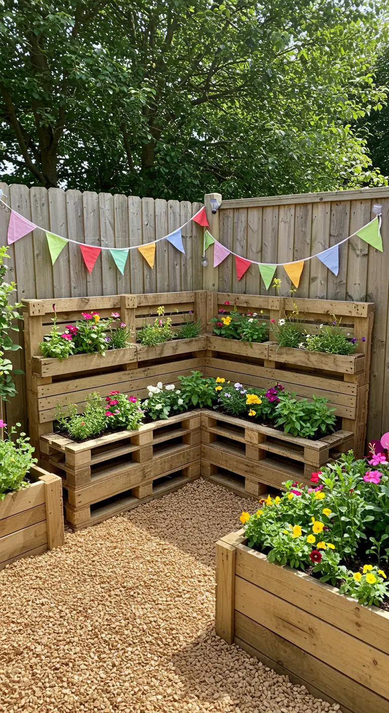 Jardin vertical en palettes en coin, rempli de fleurs colorées, avec une guirlande de fanions.