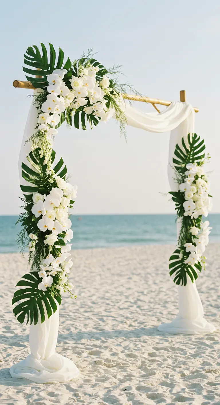 Arche en bois, orchidées blanches en cascade, monstera, drapés blancs, plage.