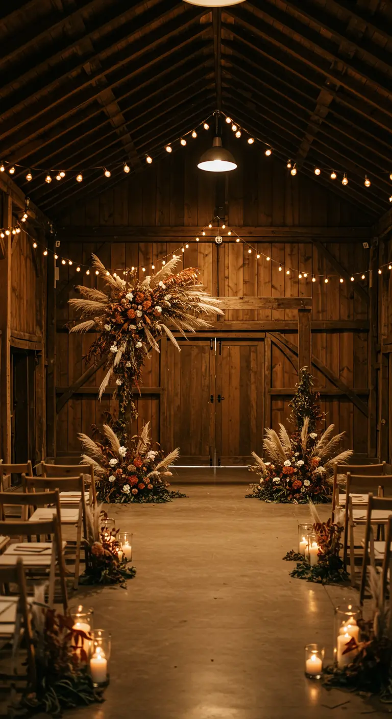 Composition florale asymétrique avec pampas dans une grange en bois éclairée.