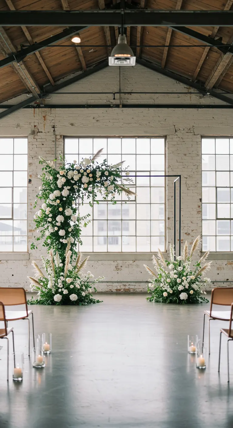 Arche asymétrique noire devant de grandes fenêtres industrielles, avec une cascade de fleurs.