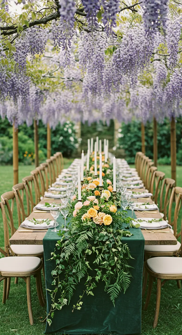 Longue table de mariage sous des glycines en fleurs avec un chemin de table floral