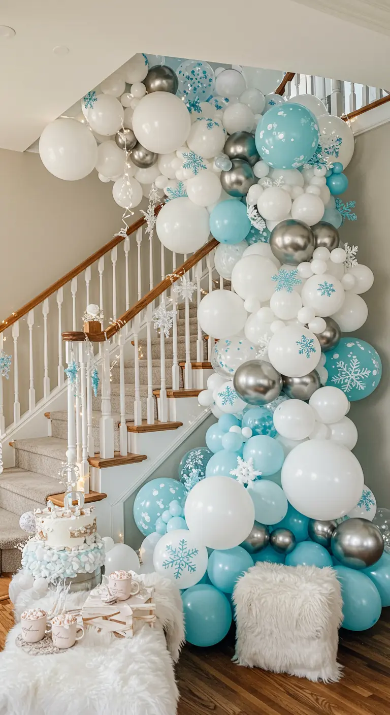 Guirlande de ballons bleus, blancs et argentés avec des flocons de neige descendant un escalier.
