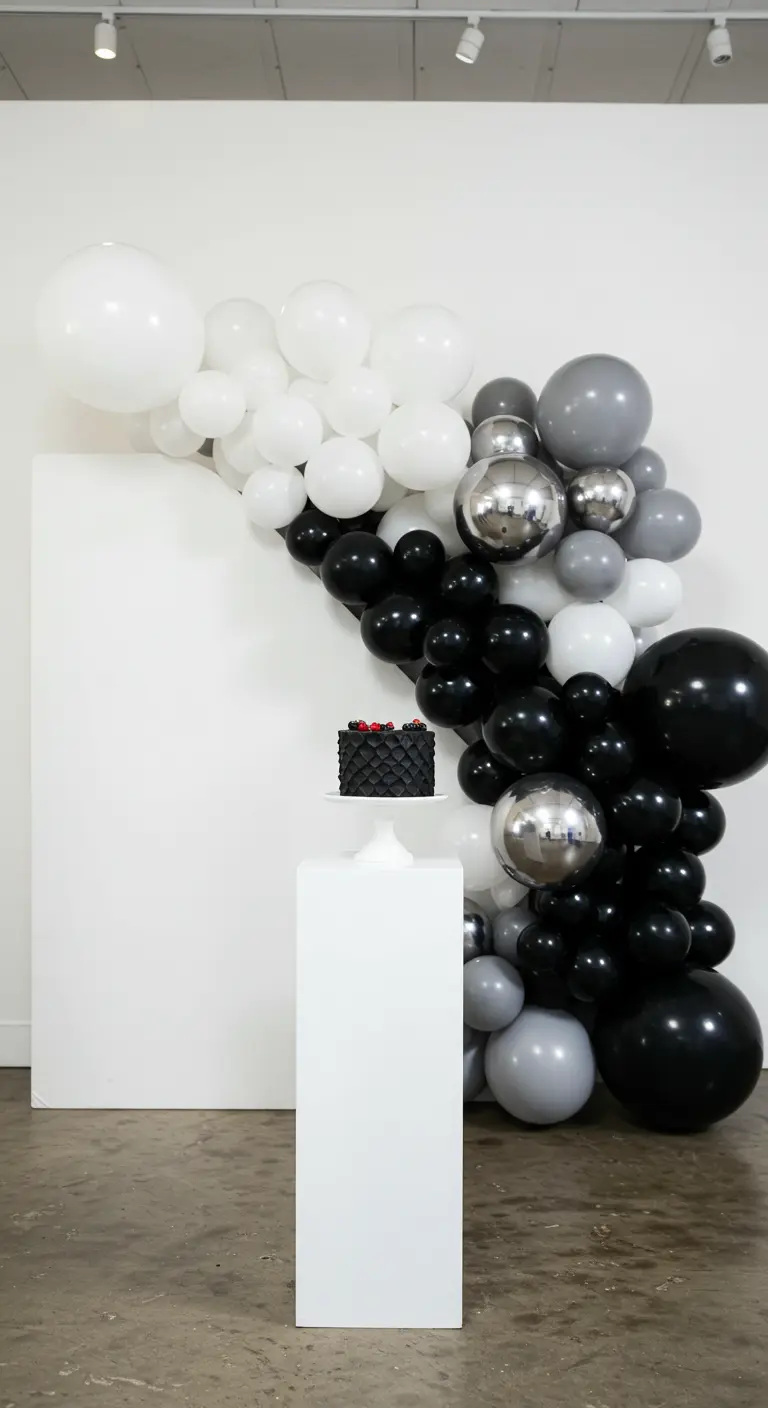Cascade de ballons monochromes (noir, blanc, argenté) sur un mur blanc.