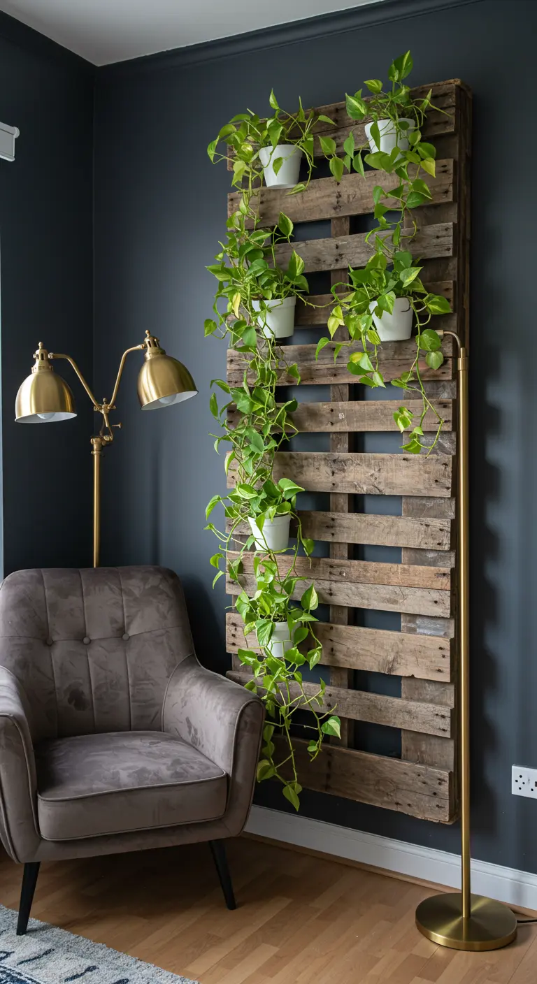Une palette en bois recyclé accrochée à un mur bleu foncé, servant de support à des Pothos.