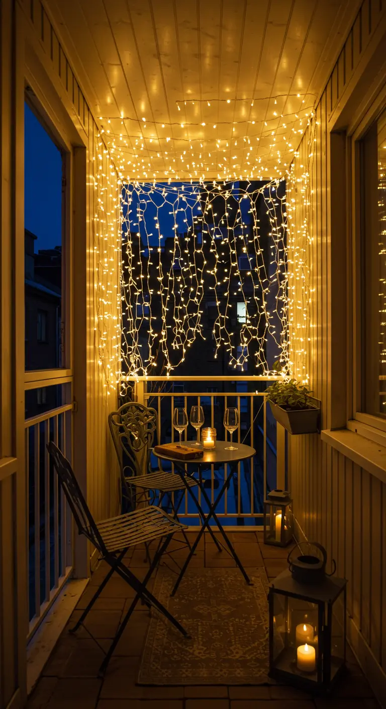 Petit balcon avec un rideau de guirlandes lumineuses créant une ambiance intime.