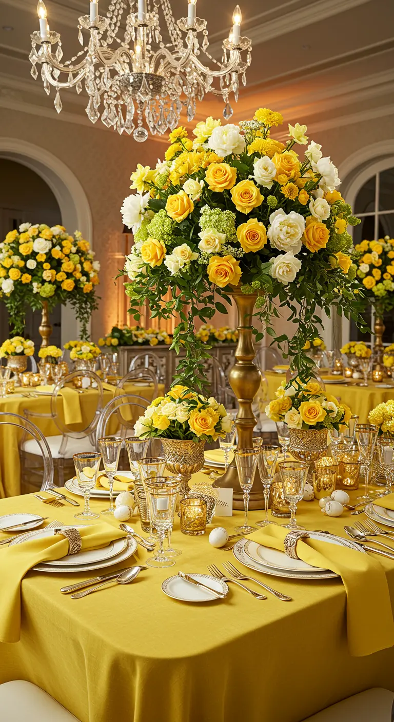 Table de banquet de Pâques jaune et or avec de hauts centres de table de roses jaunes.